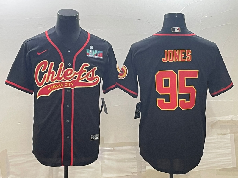 Men's Kansas City Chiefs #95 Chris Jones Black With Super Bowl LVII Patch Cool Base Stitched Baseball Jersey Men's Kansas City Chiefs #95 Chris Jones Black With Super Bowl LVII Patch Cool Base Stitched Baseball Jersey